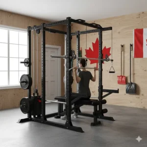 A power rack under $1000 equipped with a lat pulldown and cable crossover attachment for home workouts.