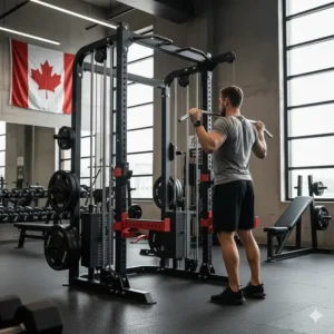 Commercial power rack equipped with a lat pulldown and cable row attachment for full-body workouts.