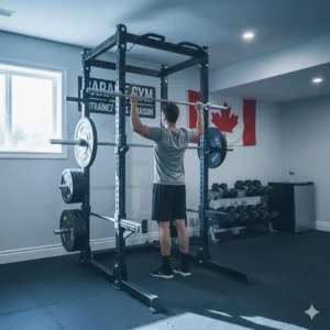 Integrated multi-grip pull-up bar on a budget-friendly power rack.