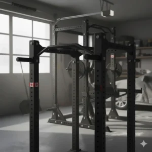 Detailed view of the integrated multi-grip pull-up bar on an affordable power rack.