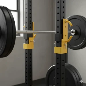 Close-up of reinforced safety spotter arms on a budget-friendly power rack.
