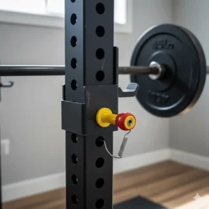 Close-up of adjustable steel safety spotters on an affordable power rack.