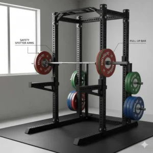 A heavy-duty power rack with safety spotter arms and a pull-up bar for secure solo lifting.