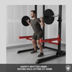 Close-up of safety spotter arms on a garage power rack for secure solo lifting at home.