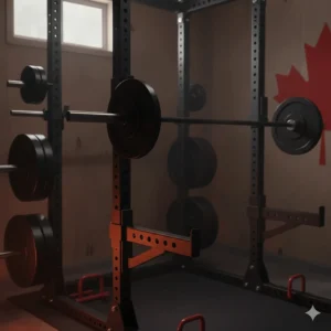 Close-up illustration of reinforced safety spotter arms on a budget-friendly Canadian power rack.