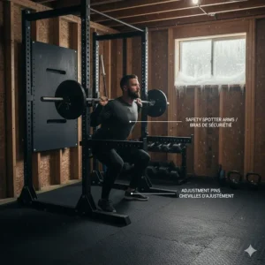 Illustration demonstrating the use of reinforced safety spotter arms on a wall mounted rack for solo lifting.