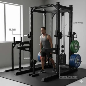 Illustration of power rack attachments like dip bars and cable pulleys for a full-body workout.