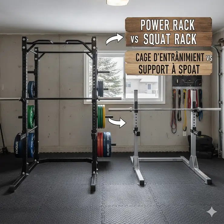 Comparison of a full power rack and a space-saving squat rack in a Canadian home garage gym. power rack vs squat rack