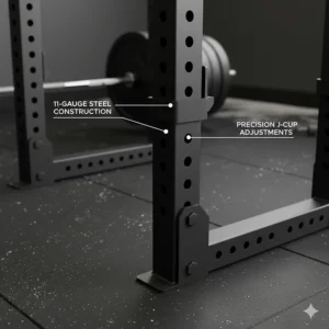 Detailed view of the heavy-gauge steel construction of a power rack designed for heavy Canadian lifters.