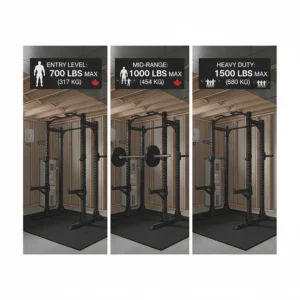 Illustration comparing weight load capacities of different budget power racks for Canadian powerlifters.