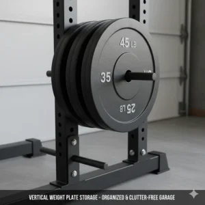 Vertical weight plate storage pegs on a power rack to keep a small garage gym organized and clutter-free.