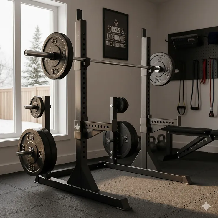 Heavy-duty independent squat stands in a bright Canadian home garage gym, featuring a high-quality barbell and Olympic plates.