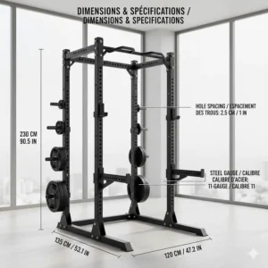 Dimensional drawing of gym equipment with labels in both English and French (Centimeters/Inches) for the Canadian market.