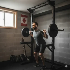 An athlete performing a barbell squat inside a foldable power rack equipped with safety spotter arms for solo training.
