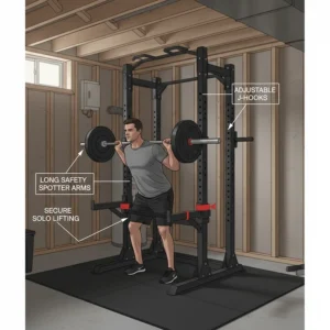 Diagram of safety spotter arms on an affordable power rack cage for secure solo lifting.
