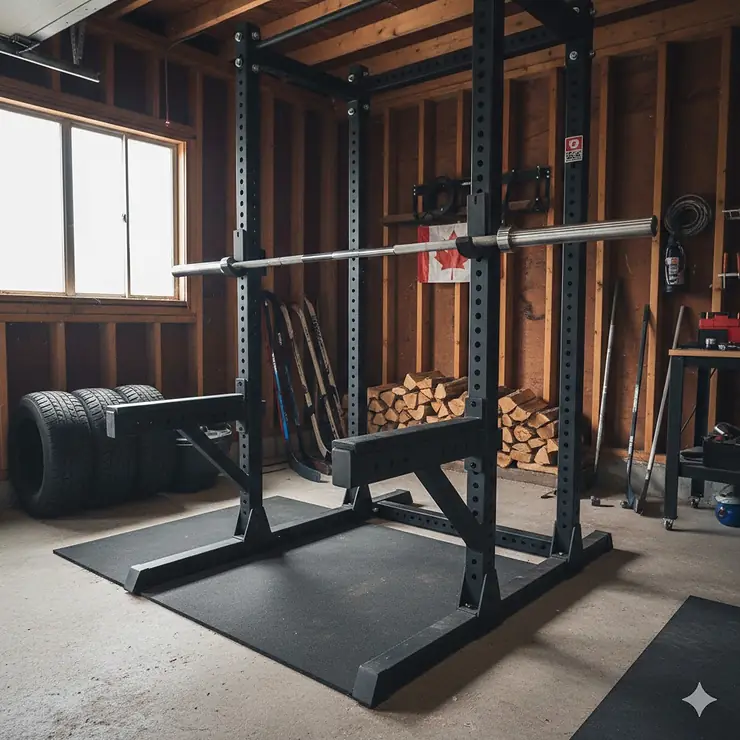 Heavy-duty safety spotter arms installed on a power rack in a Canadian garage gym.