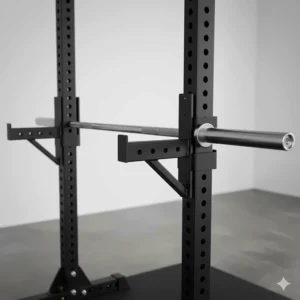 Heavy-duty safety spotter arms attached to a steel power rack for secure solo weightlifting sessions.