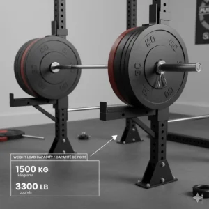 Illustration of weight load testing for safety spotter arms with measurements in kilograms and pounds.