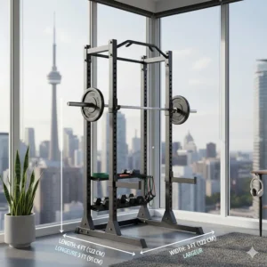 Illustration showing the floor footprint of an apartment-friendly power rack in square feet and meters.