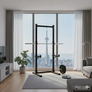 Minimalist illustration of a space-saving budget power rack ideal for Toronto or Vancouver condos.