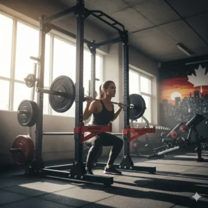 An athlete performing squats in a commercial power rack at a high-performance gym in Vancouver.