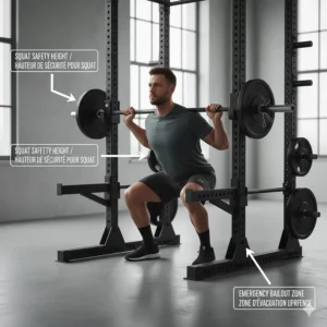 Illustration of proper safety spotter arm height for back squats to ensure a safe exit during a missed lift.