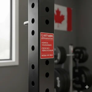 Independent squat stand safety features with bilingual English and French labels for the Canadian market.