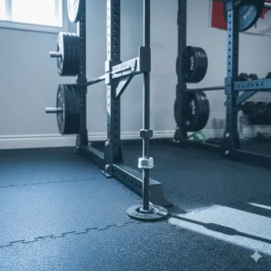 Stable power rack design with floor-mount holes for added safety during workouts.