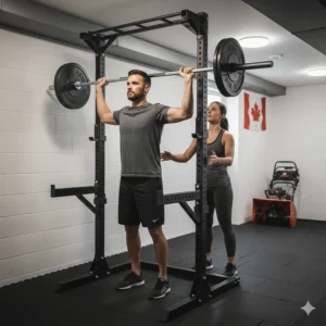 Two people training together with a foldable power rack in a modern home gym, showcasing the stability of the frame.