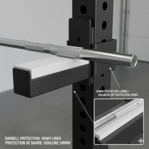 Close-up illustration of UHMW plastic liners on safety spotter arms to protect barbell knurling.