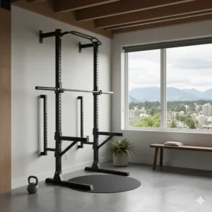 Minimalist wall mounted power rack setup designed for a compact urban townhouse or condo spare room.