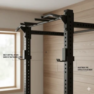 Illustration of an adjustable multi-grip pull-up bar attached to a steel wall mounted power rack.