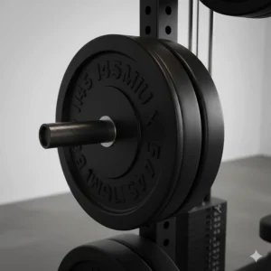 Olympic weight plate storage pegs mounted on a power rack to keep a Canadian basement gym organized and safe.