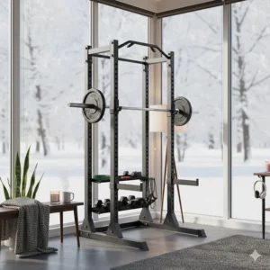 Illustration of a cozy indoor home gym setup featuring an apartment-friendly power rack during a Canadian winter.