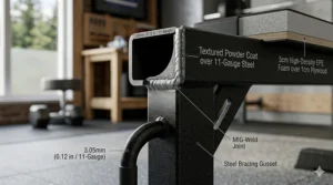 Close-up photorealistic detail of 11-gauge reinforced steel tubing and professional MIG-welded joints on a flat weight bench.