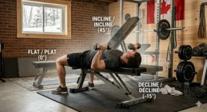 Photorealistic illustration of the adjustable budget weight bench in a Canadian home gym, showing three positions (flat, 45° incline, -15° decline) with clear bilingual English and French labels.