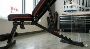 Illustration of an adjustable weight bench under $300 showing flat, incline, and decline positions for a full-body workout.