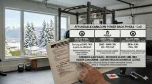 Infographic showing power rack price tiers in Canadian Dollars (CAD) to avoid hidden US customs fees.