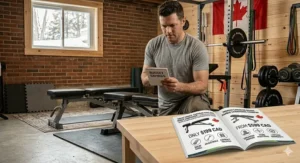 Photorealistic illustration of a man reviewing an open catalog comparing the specific budget weight bench with premium Canadian fitness brands, featuring readable bilingual feature comparisons.