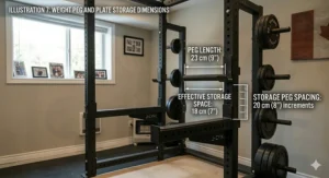 Alt text for image 2: Comparison of standard 84-inch power rack versus 72-inch short rack dimensions for Canadian basement gyms with low ceiling heights.