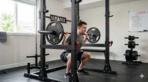 Illustration showing essential safety bars on a power rack for beginners to ensure secure solo lifting.