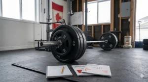 Illustration showing a barbell with Olympic plates on a power rack for beginners starting a strength program.