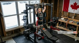 Side view of an adjustable weight bench inside a power rack for powerlifting, illustrating safe bench press setup and spacing.