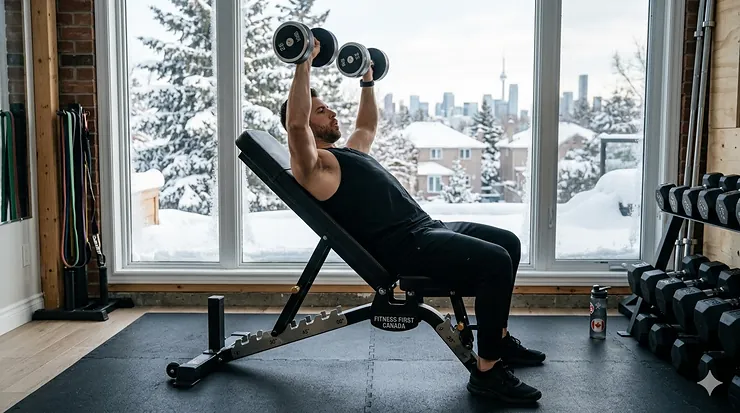 A high-quality adjustable weight bench in a modern Toronto home gym setting with a view of a snowy window.