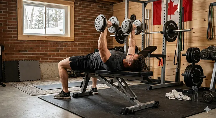 A person training on a budget weight bench in a modern Canadian basement home gym. Banc de musculation économique pour entraînement à domicile.