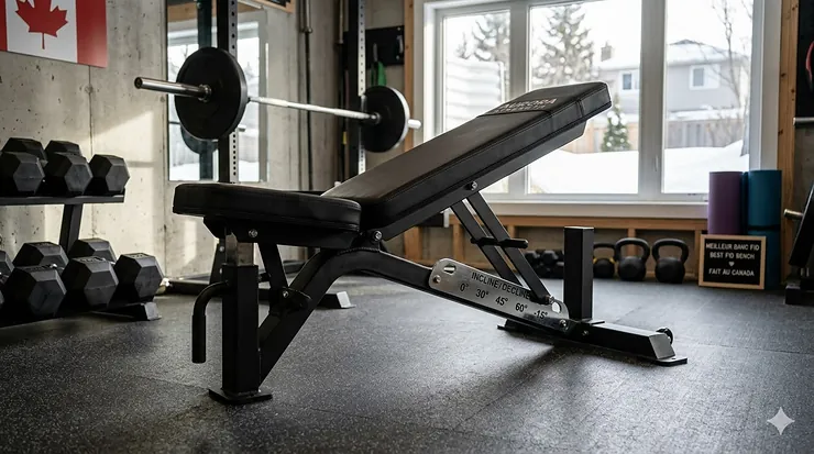 A high-quality adjustable weight bench for the best FID bench workouts in a modern Canadian home gym setting.