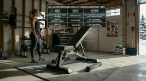 Comparison graphic highlighting weight capacity and adjustment angles for top-rated FID benches in Canada.