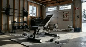 Illustration of non-slip rubber feet and locking pins ensuring safety on a premium adjustable gym bench.