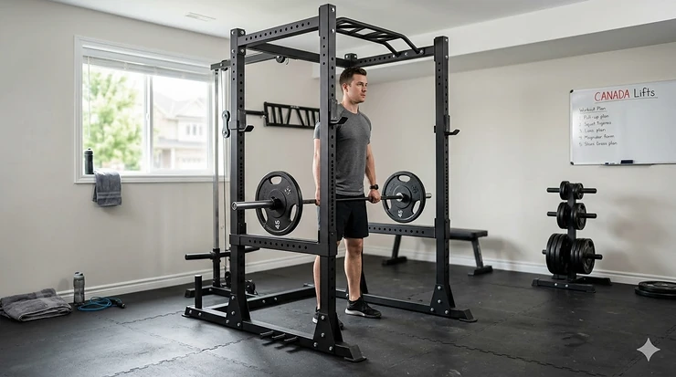 A versatile power rack for beginners in a modern Canadian home gym, featuring safety spotter arms and a pull-up bar.