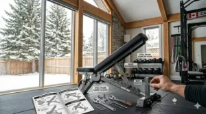 A person following a bilingual English and French assembly guide for the best weight bench in a bright Canadian garage gym.